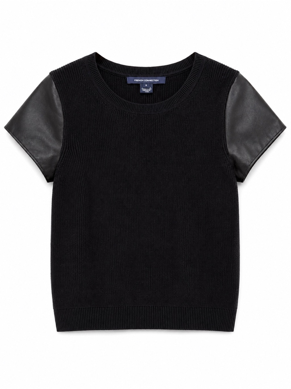 French Connection Black Knit Top with Faux Leather Short Sleeves